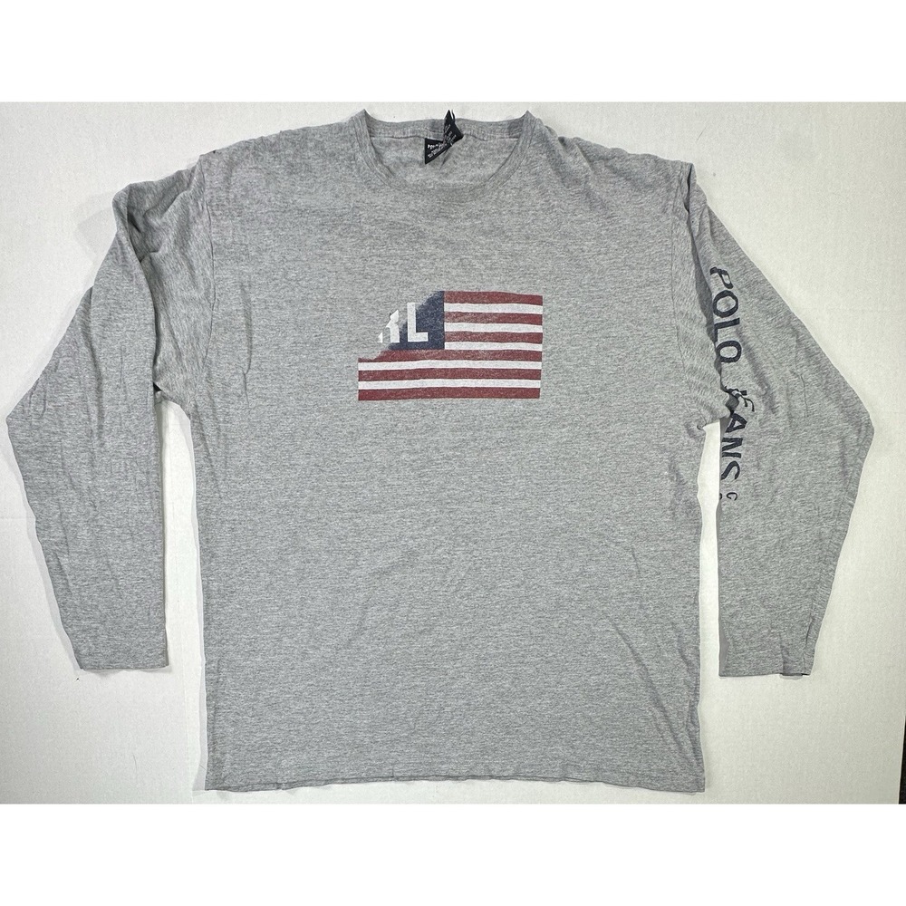 Polo Jeans Co Ralph Lauren Long Sleeve Flag Logo Shirt Gray USA Graphic Size L